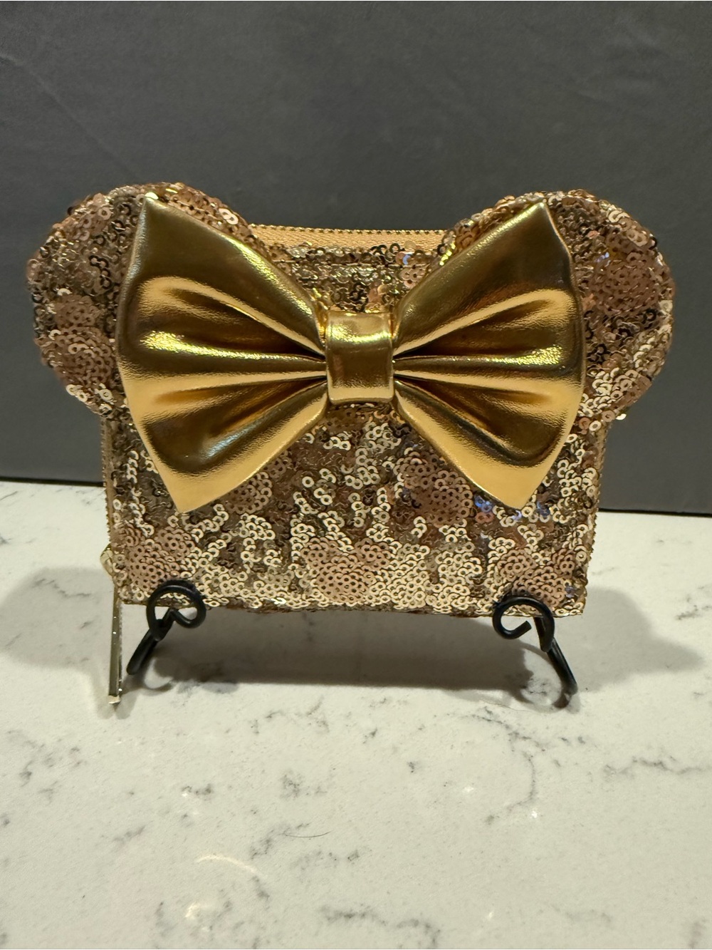 Loungefly Gold Sequin Mouse Ear Wallet with Metallic Gold Bow
